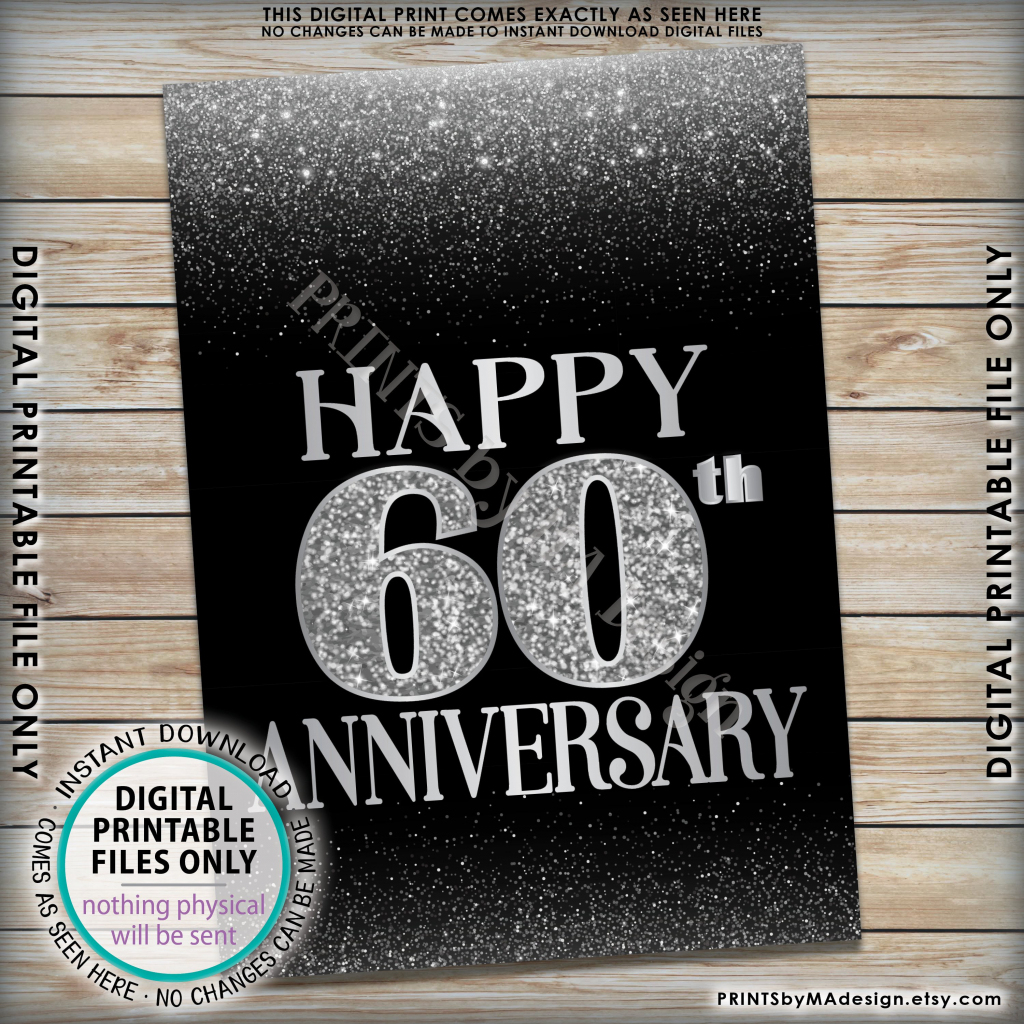 60Th Anniversary Card Black &amp;amp; Silver Glitter 60Th Wedding Anniversary | 60Th Anniversary Cards Printable