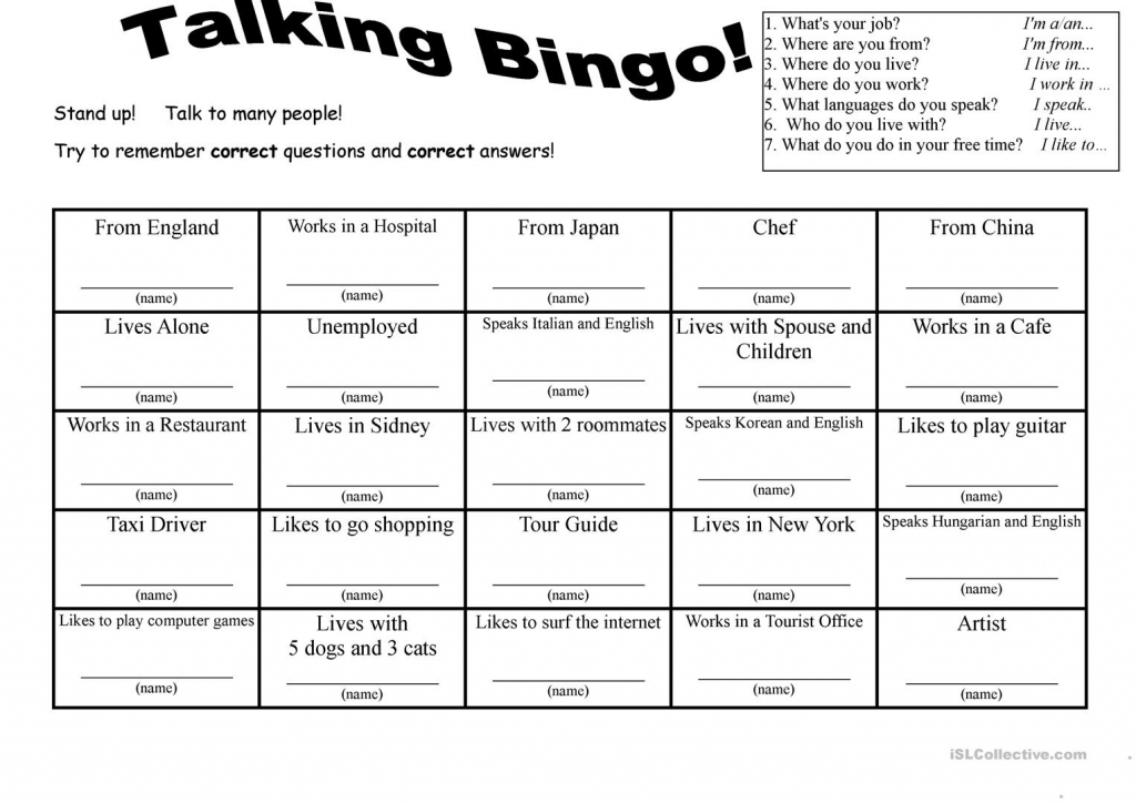 7 Questions Talking Bingo With Role-Play Cards Worksheet - Free Esl | Esl Bingo Cards Printable