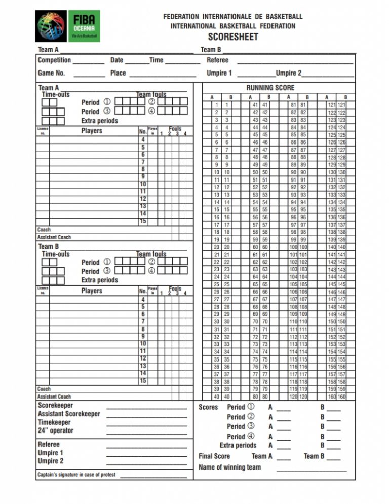 Basketball Score Sheet Printable Pdf Free