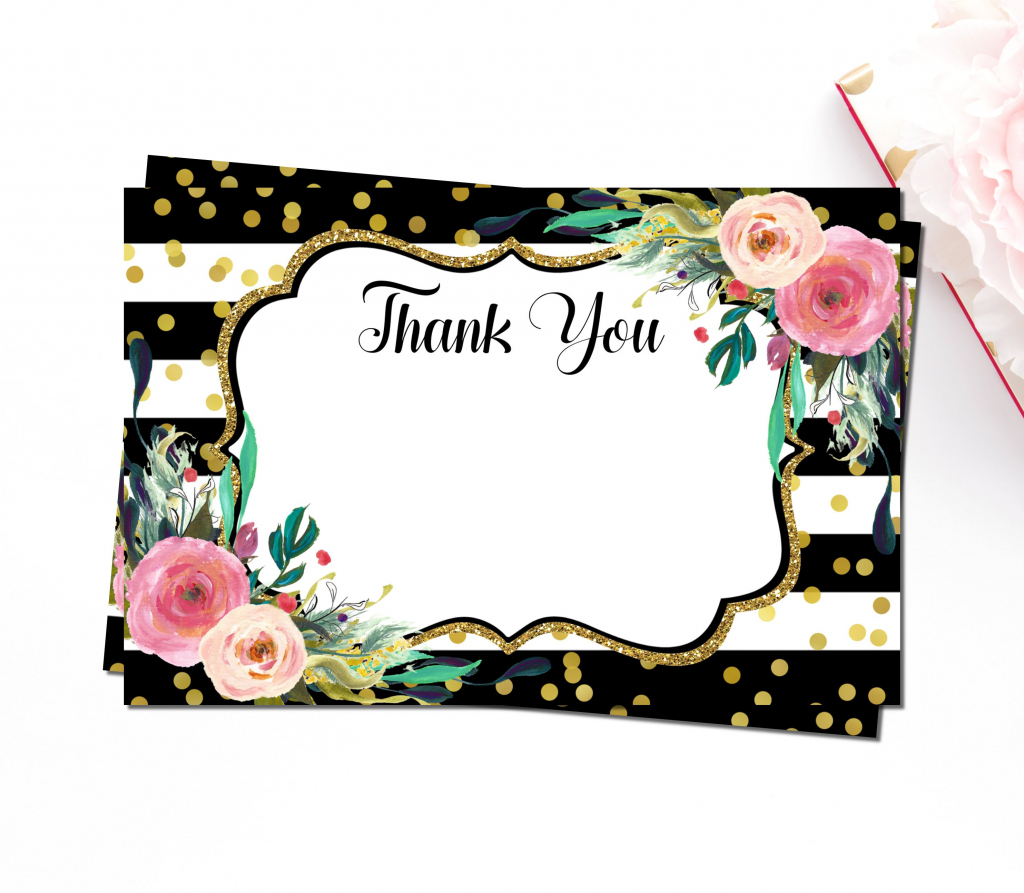 Black &amp;amp; White Pink Floral Thank You Cards Printable Thank You | Etsy | Printable Thank You Card Black And White
