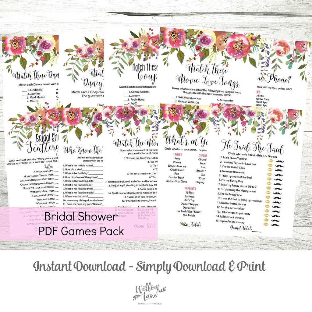 Bridal Shower Games Mega Pack Of 10 Printable Pdf Games, Pink Floral | Printable Card Games Pdf