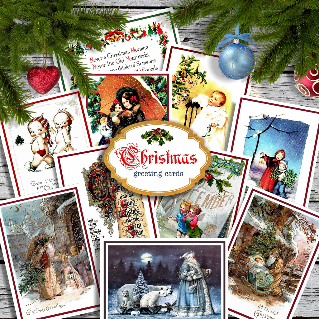 Christmas Greeting Cards Kit 10 Printable Vintage Invitation | Etsy | Printable Vintage Christmas Cards