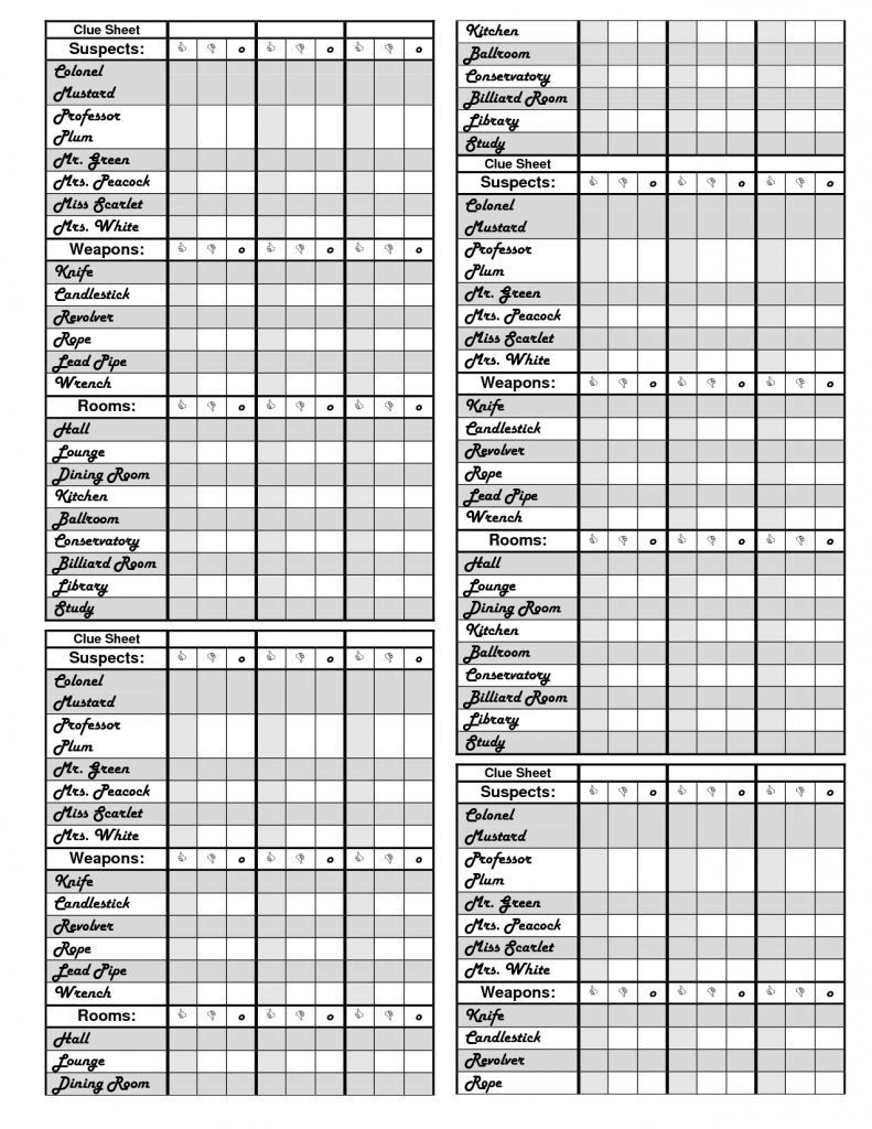 Cluedo Score Cards