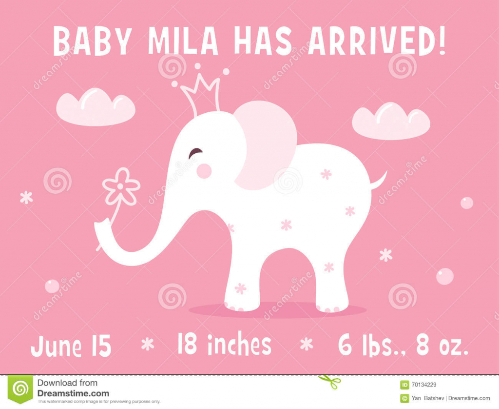 Elephant And Clouds. Baby Girl Birth Announcement Card Template | Free Printable Baby Birth Announcement Cards