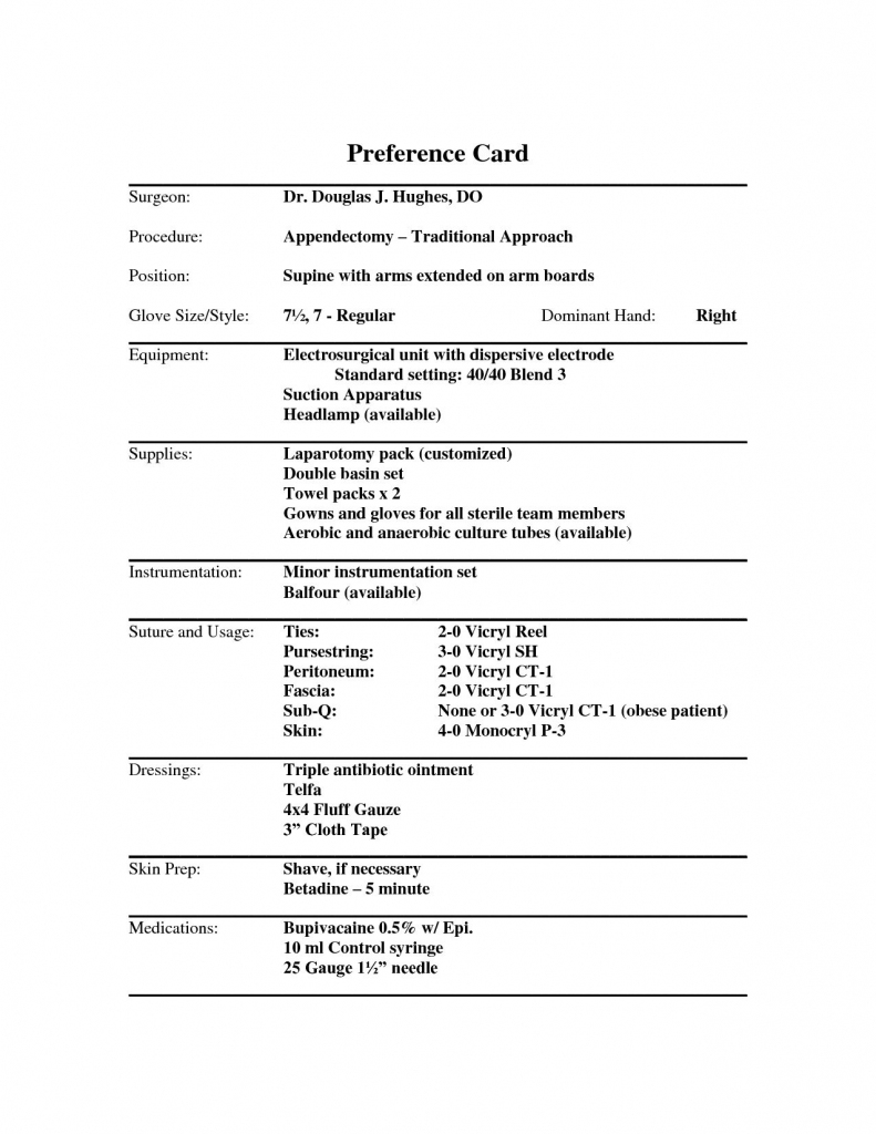 Example Of A Surgeons Preference Card | Surgical Tech | Surgical | Printable Surgeon Preference Card