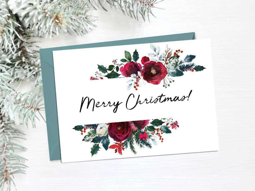 Floral Christmas Cards Printable Merry Christmas Card Happy | Etsy | Merry Christmas Cards Printable