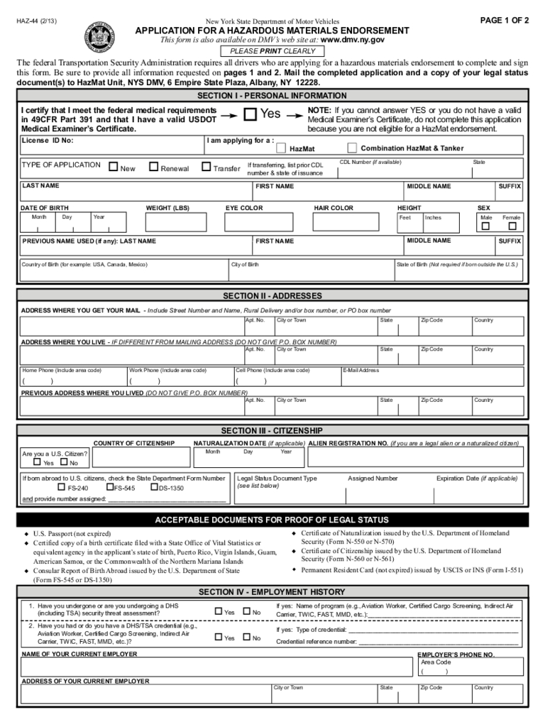 Form Haz44 Application For A Hazardous Materials Endorsement