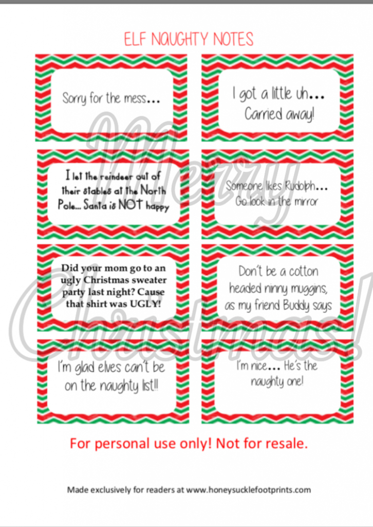 Free Printable - Elf On The Shelf Naughty Cards - Honeysuckle Footprints | Elf On The Shelf Printable Note Cards