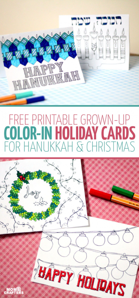 Free Printable Holiday Cards Adult Coloring Pages - Hanukkah + Christmas | Printable Hanukkah Cards To Color