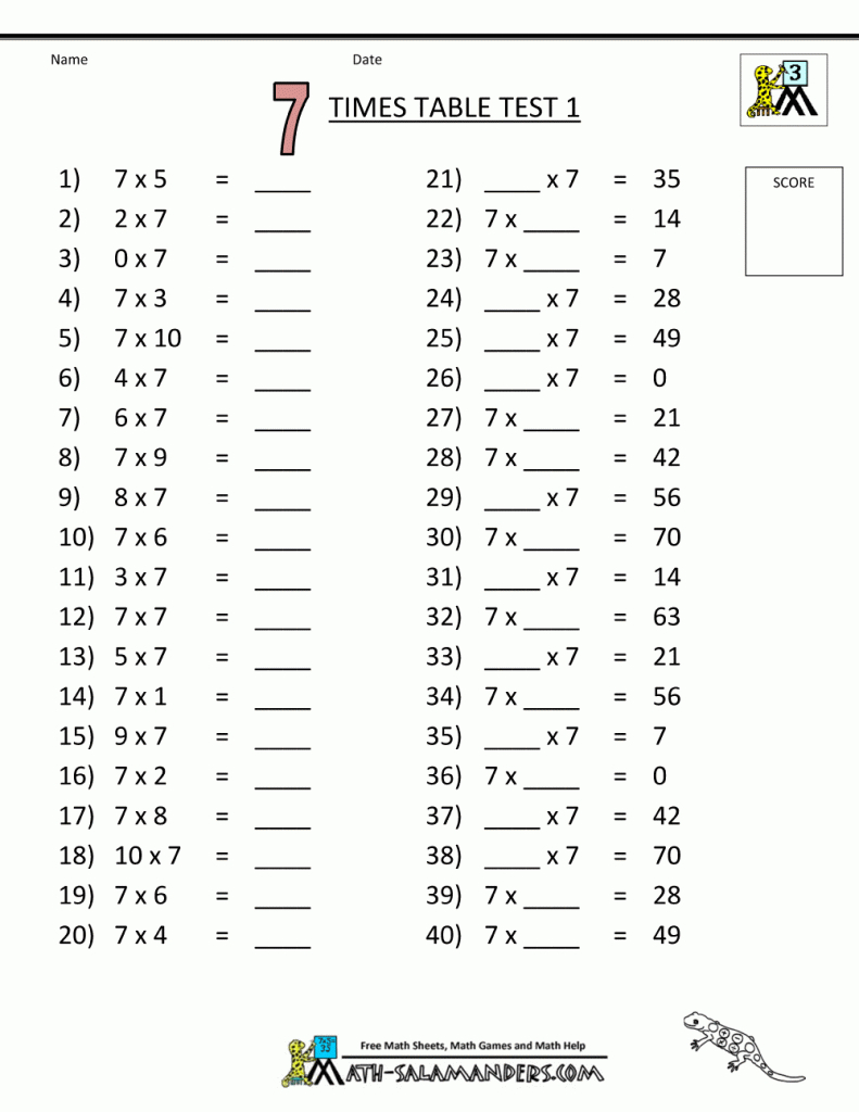 Free Printable Math Sheets 7 Times Table Test 1 | Korrutustabel | 7 Times Table Flash Cards Printable