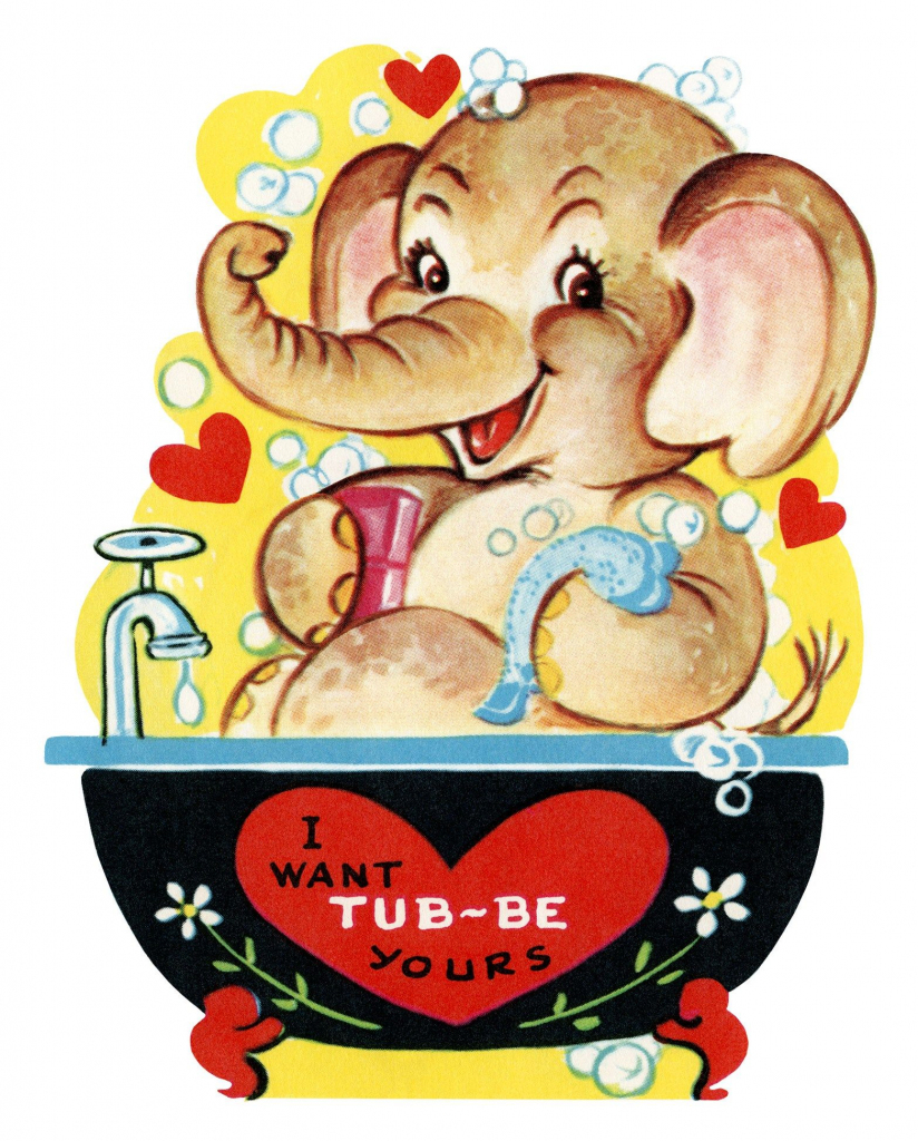 Free Printable Vintage Kids Valentine Elephant In Tub | Holidays | Printable Vintage Valentines Day Cards
