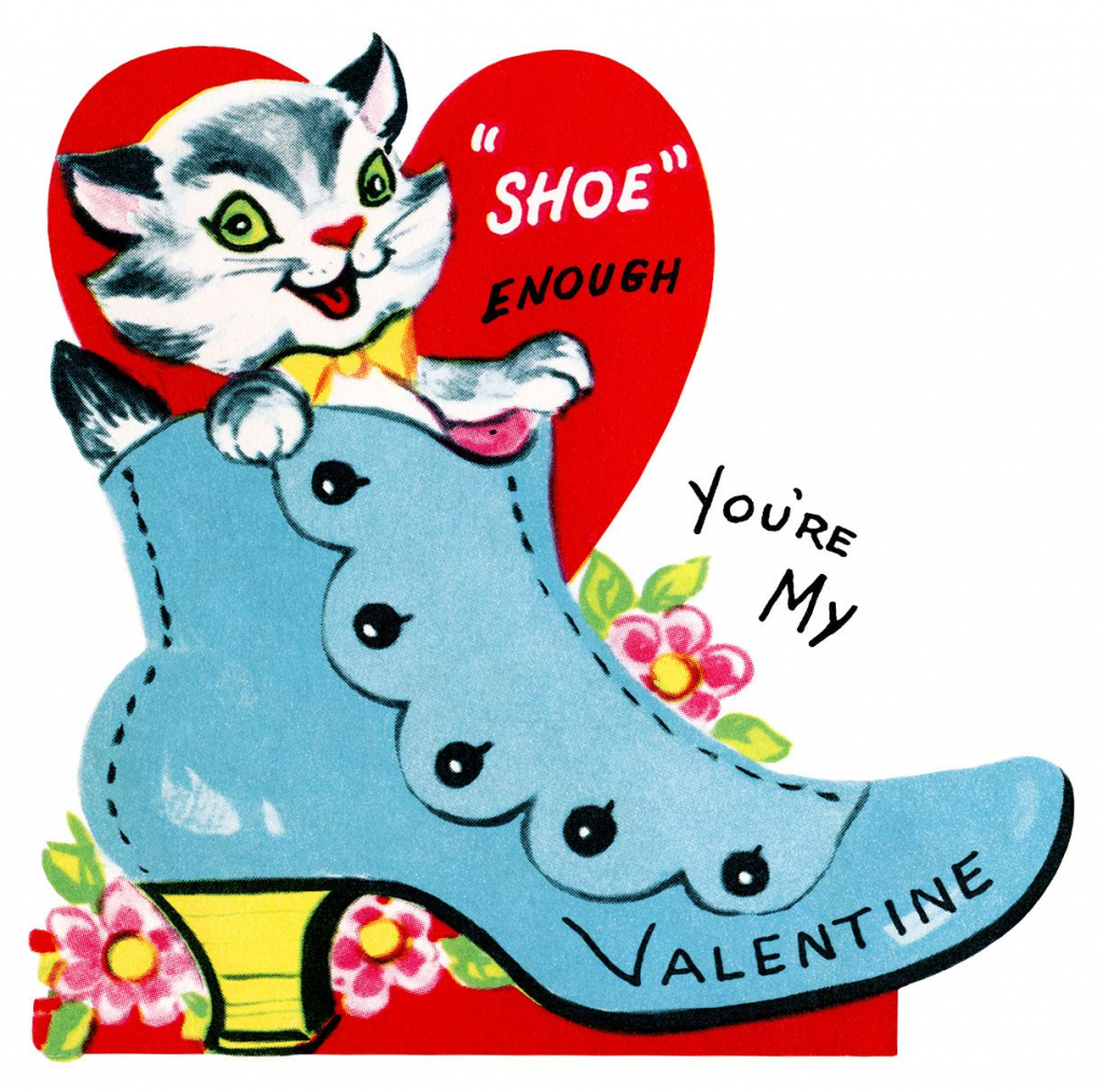 Kitten In Shoe Valentine, Vintage Valentine Clip Art, Retro | Printable Old Fashioned Valentine Cards