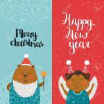 Merry Christmas And Happy New Year Cards With Cute Animals, Bear | Free Printable Happy New Year Cards