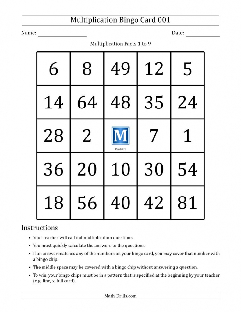 Multiplication Bingo Cards For Facts 1 To 9 (Cards 001 To 010) (A) | Printable Addition Bingo Cards