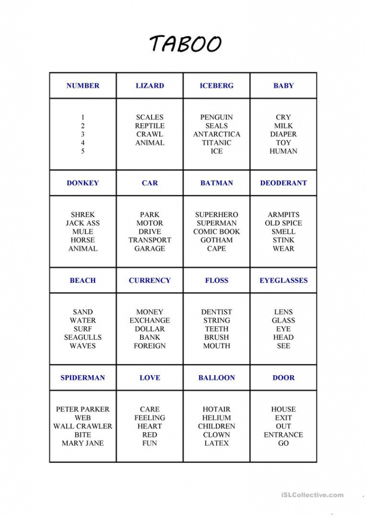 New Taboo Card Game Worksheet - Free Esl Printable Worksheets Made | Esl Taboo Cards Printable