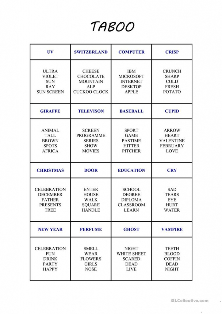 New Taboo Card Game Worksheet - Free Esl Printable Worksheets Made | Taboo Game Cards Printable