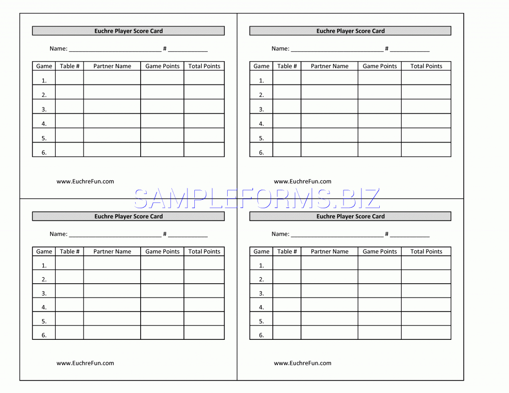 Preview Pdf Euchre Player Score Card, 1 | Printable Euchre Score Cards For 8 Players