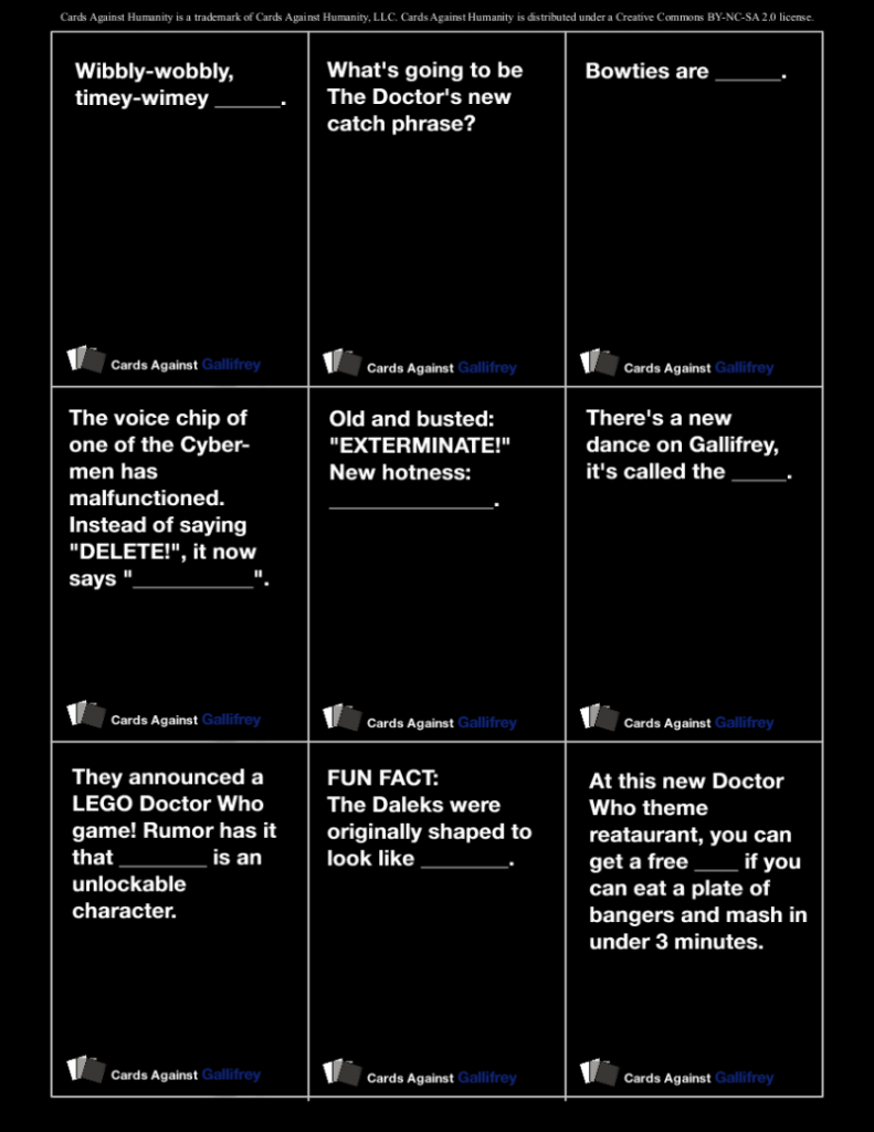 Print Out The Doctor Who Version Of Cards Against Humanity Right Now | Cards Against Humanity Printable