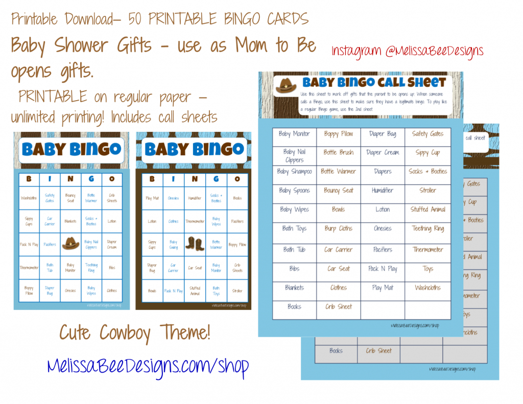 Printable Baby Shower Bingo (Boy) Game (Brown/blue Cowboy Theme) 50 | Cowboy Bingo Printable Cards