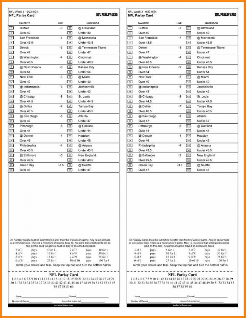 Printable Football Parlay Sheets | Www.topsimages | Free Printable Football Parlay Cards