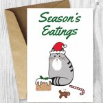 Printable Holiday Cards Season's Eatings Cat Card Funny | Etsy | Printable Funny Thanksgiving Greeting Cards