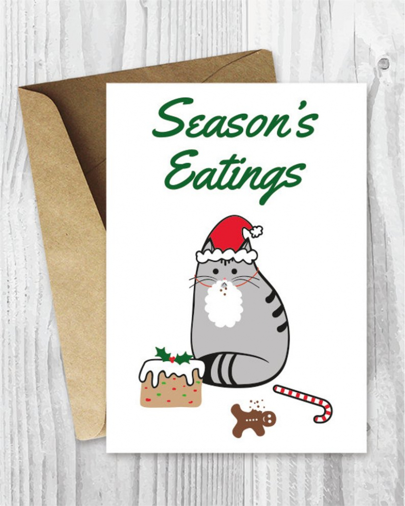 Printable Holiday Cards Season&amp;#039;s Eatings Cat Card Funny | Etsy | Printable Funny Thanksgiving Greeting Cards