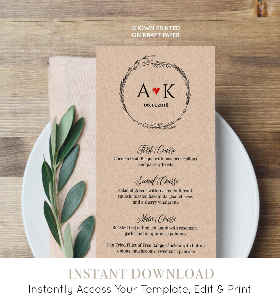 Rustic Menu Card Template, Printable Wedding Menu, Wreath Dinner | Free Printable Wedding Menu Card Templates