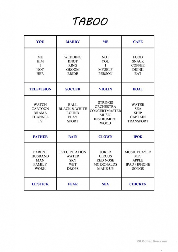 Taboo Game Online Cards / Taboo kids worksheet Free ESL printable