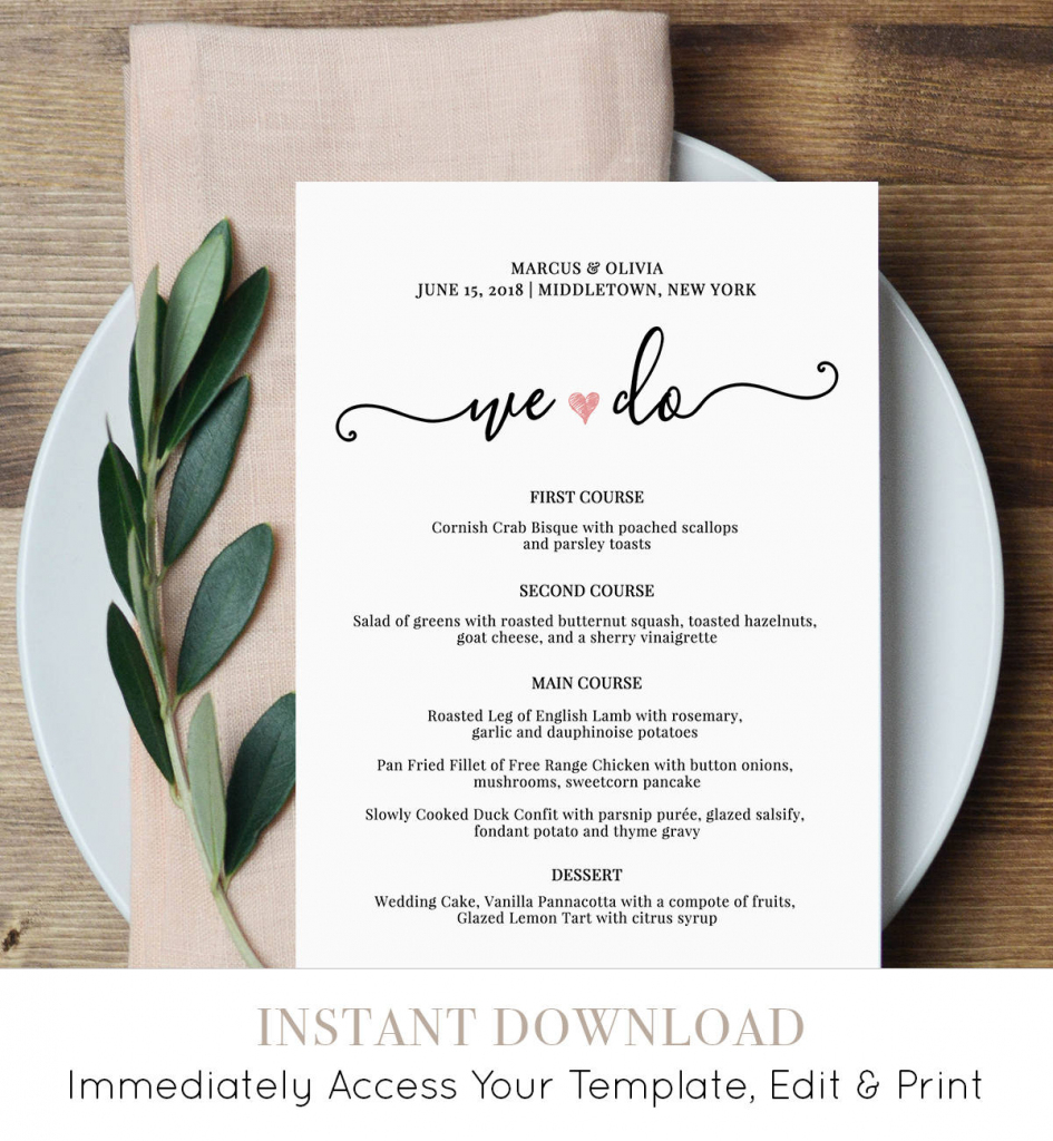 Wedding Menu Card Template, We Do, Printable Dinner Menu, Heart | Free Printable Wedding Menu Card Templates