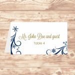 Wedding Place Card Diy Template Navy Swirling Snowflakes Editable | Avery 5302 Printable Place Cards