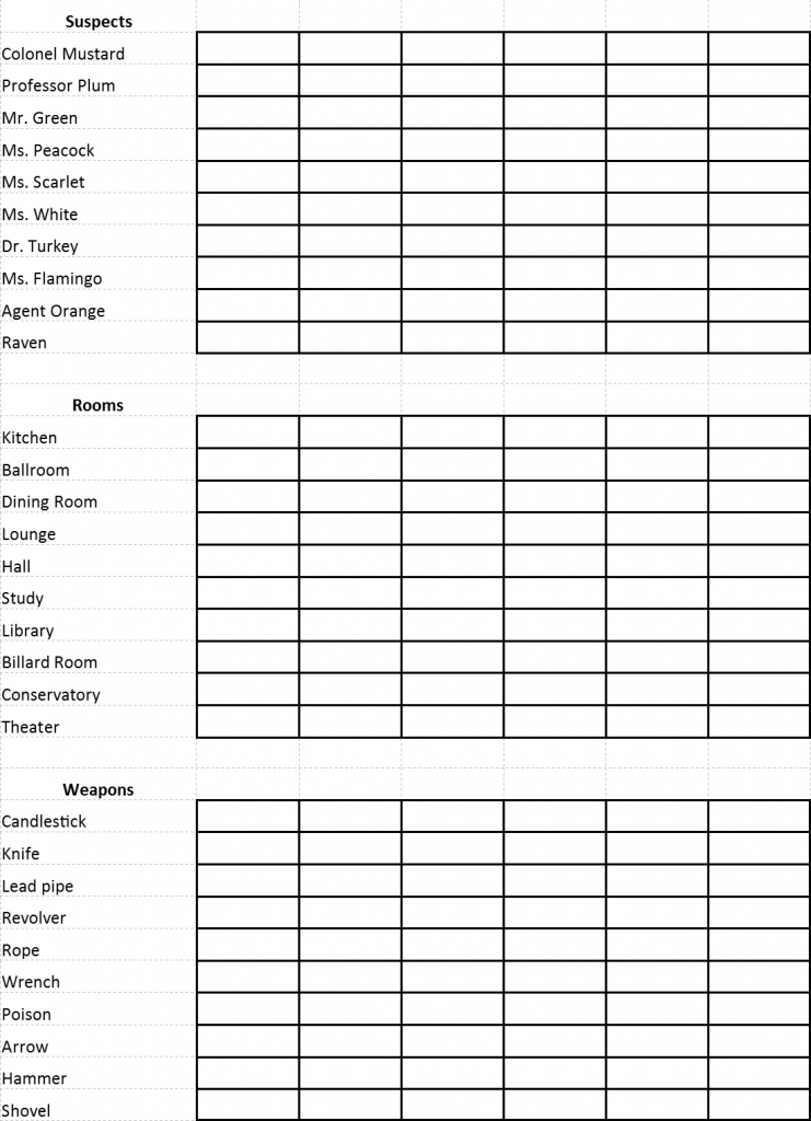 Clue Game Sheets Printable